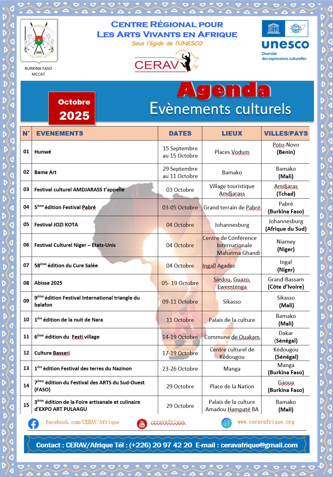 Agenda culturel octobre 2025 CERAV/Afrique